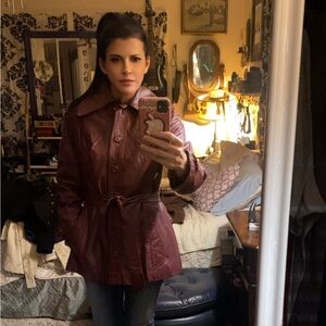 Vintage Red/brown/burgundy. genuine leather cropped trench jacket